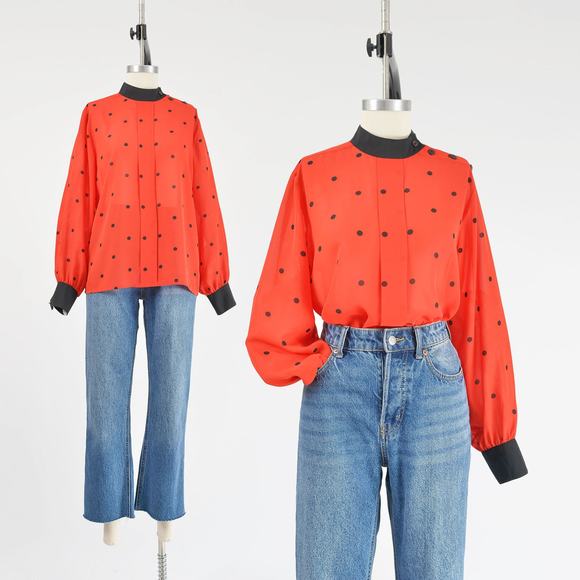 Vintage Tops - Vintage 80s Red and Black Polka Dot Blouse Semi Sheer Secretary Top S M